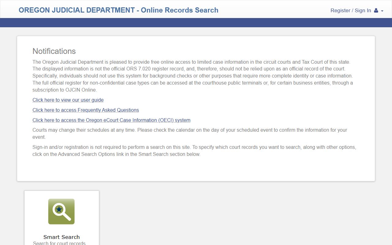 Harney County court records after arrest in the OJD OECI Smart Search portal
