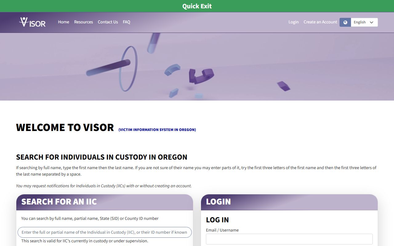 Harney County inmate population VISOR custody search fields
